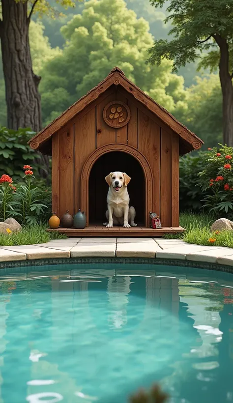 create a wooden dog house with a pool in front, 4k