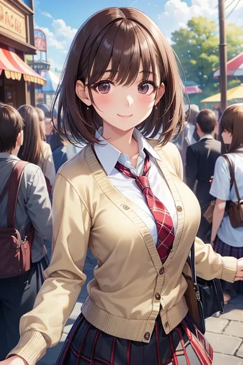 anegasaki nene、 shiny maroon hair ,  Shorthair, ( Pretty Brown Eyes 、 sparkling eyes , Fine grain)、smile、 super detailed eyes、 very detailed face,  very detailed eyes,(masterpiece:1.3), cowboy shot, (Only one woman, Alone)、



  medium breasts, ( dynamic a...