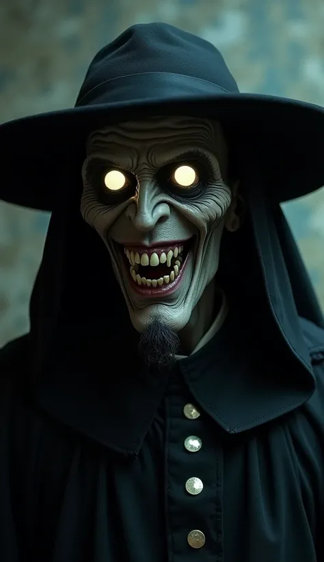 Friar in the black hat with buttons shining with his mouth smiling open macabre with glowing eyes