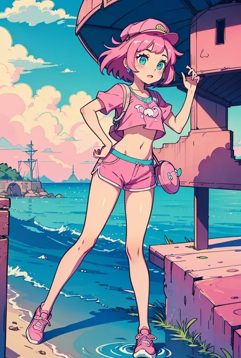 Timmy turner becomes a feminine girl, short hair, pink clothing, pink hat, blue tight shorts