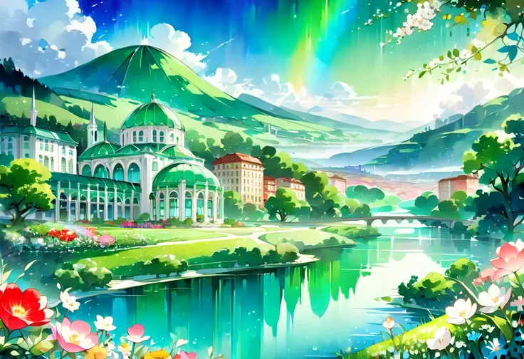 ((( elaborate watercolor painting depicting a beautiful green landscape with a view of valleys and buildings))),(((Soul Love ))),(( top quality ,masterpiece:1.5)),((Tartarian style )),(( emerald green river )),((Dome-shaped roof )),(( bluish throughout )),...