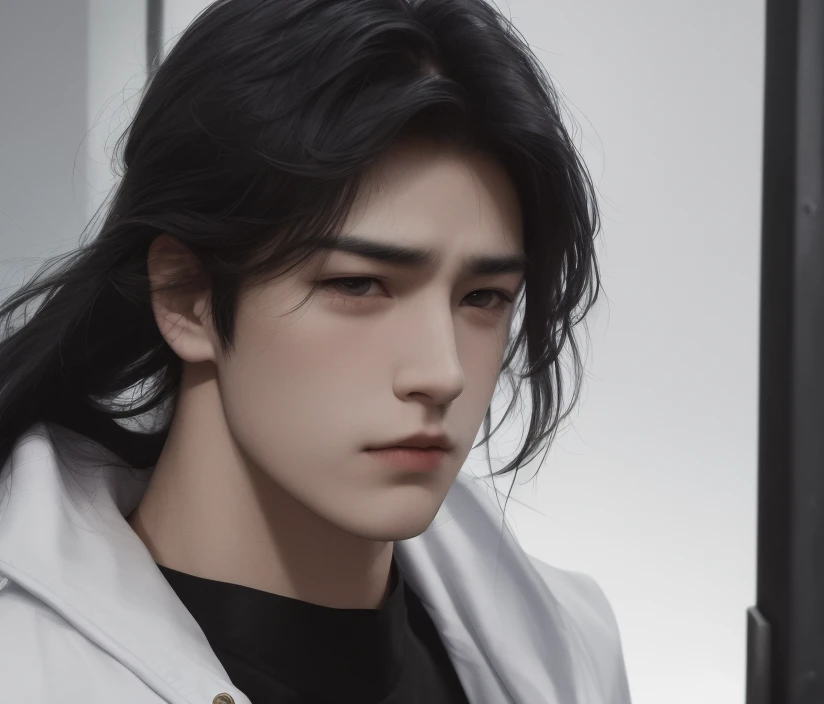 masterpiece, best quality, highres, Man with long black hair,young,Handsome face,(Lateral face) ,solo,sad, urban