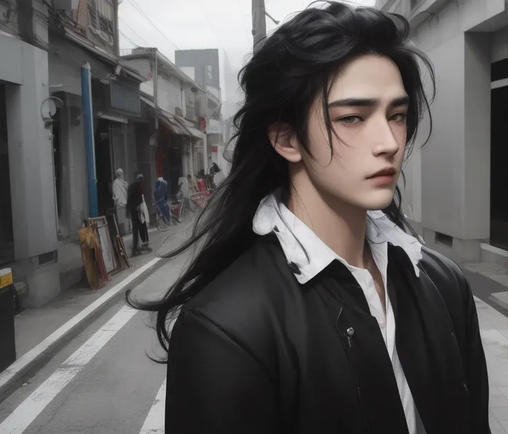 masterpiece, best quality, highres, Man with long black hair,young,Handsome face,(Lateral face) ,solo,sad, urban