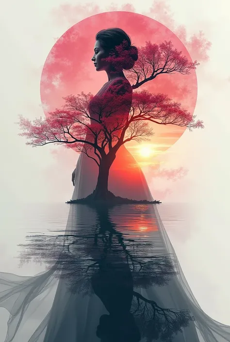 high quality, 8K Ultra HD, A beautiful double exposure that combines an goddess silhouette with sunset coast, sunset coast should serve as the underlying backdrop, with its details incorporated into the goddess , crisp lines, The background is monochrome, ...