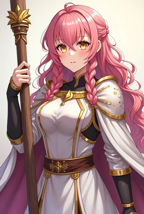 Prompts
Make a cleric character from a medieval magic role-playing game , wavy pink hair with some braids , light golden eyes with lots of glitter . A white Cleric outfit with some parts of armor, a wooden staff and religious things. In anime art