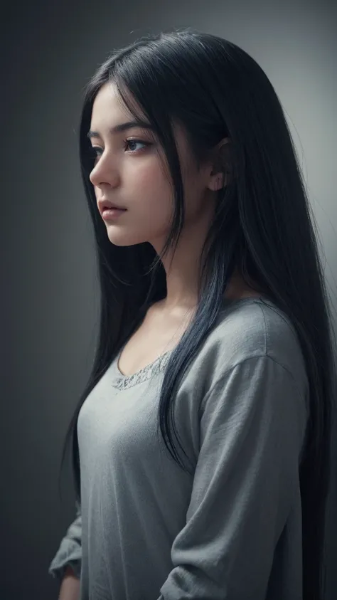 1girl, detailed eyes, detailed face, pensive, melancholic, serene, dreamy, long straight hair, thick hair, blue hair, eyes half-closed, (best quality,4k,8k,highres,masterpiece:1.2),ultra-detailed,(realistic,photorealistic,photo-realistic:1.37),oil painting...