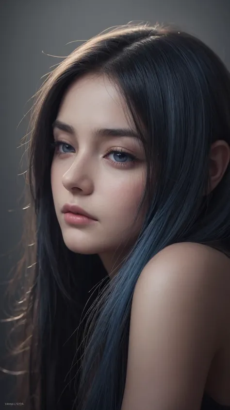 1girl, detailed eyes, detailed face, pensive, melancholic, serene, dreamy, long straight hair, thick hair, blue hair, eyes half-closed, (best quality,4k,8k,highres,masterpiece:1.2),ultra-detailed,(realistic,photorealistic,photo-realistic:1.37),oil painting...