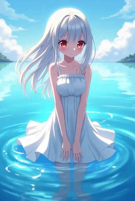 Anime girl sexy body white silver hair very red eyes in a white dress in the sea and is reflected in the water the sky looks beautiful and she is very beautiful looking into my eyes blushed with cheeks and a bright blue aura surrounds her 