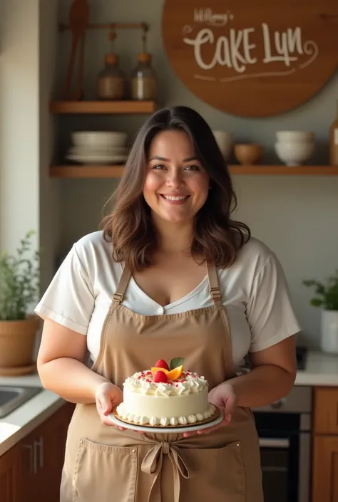 Aesthetic kitchen with ultrarealistic 25 year old chubby in medium sized hair women, wearing apron and holding a cake . Cake Lyn sign on the wall.