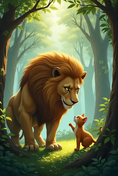 
In the forest of Calton lived a powerful lion known for its strength and pride. One day a little cat came to him and offered friendship, but the lion blew him away in jest.
