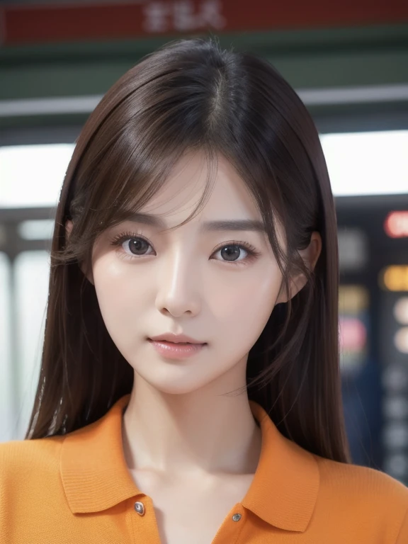  Realistic photo of (1 cute Korean actress )  hair that turned upside down, light makeup, Medium chest size,  orange polo, At the station, Canon EOS Clear Facial Features , 16k,  high res,   Sharp and Realistic Details ,  Expose too much, Cut-in, 超 high re...