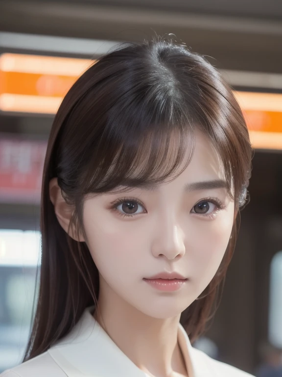  Realistic photo of (1 cute Korean actress )  hair that turned upside down, light makeup, Medium chest size,  orange polo, At the station, Canon EOS Clear Facial Features , 16k,  high res,   Sharp and Realistic Details ,  Expose too much, Cut-in, 超 high re...