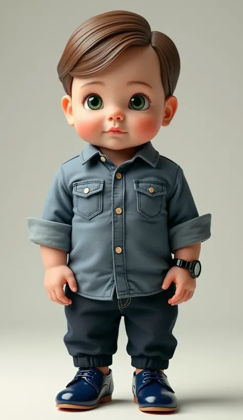  A very cute ultra realistic baby standing with straight light brown hair brushed to the side, sharp nose, Green eyes he wears a blue dress shoe . He wears a black watch Casio  ,The baby looks like ,  identical to the president of Brazil Jair Messias Bolso...