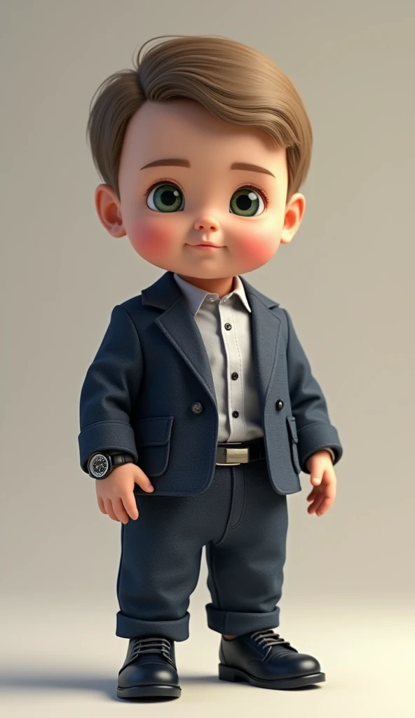  A very cute ultra realistic baby standing with straight light brown hair brushed to the side, sharp nose, Green eyes he wears a blue dress shoe . He wears a black watch Casio  ,The baby looks like ,  identical to the president of Brazil Jair Messias Bolso...