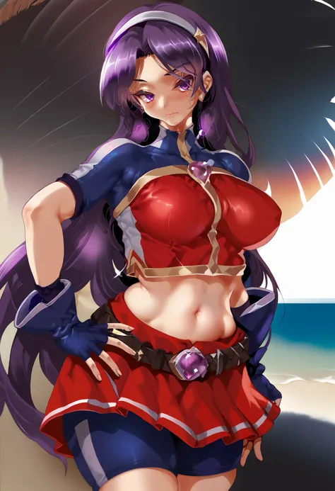 ATHKOF2002, purple hair, long hair, purple eyes, white hairband, blue sleeves, pearl (gemstone), short sleeves, red top, belt, fingerless gloves, navel, red skirt, biker shorts,  blush, solo,skin tight clothes, standing on beach, seductive pose, light bree...