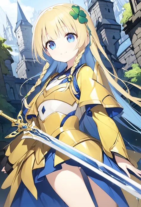  Masterpiece、 very young girl 、 Extremely small bust 、 slender body、Thin legs、 cobalt blue eyes 、Bright yellow long hair、 braid long hair、 Clovers One Hair Ornament、Yellow Armor 、Silver Sword、 sword、castle town、smile