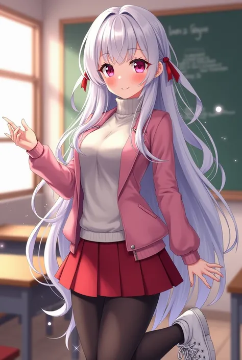 Anime girl sexy body white silver hair very red eyes with a pink jacket and turtleneck sweater white red skirt black tights white sneakers taking out a celfie and an aura surrounds her or like splashing long hair big breasts very beautiful classroom backgr...