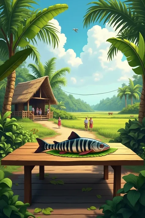 A large wooden table, there are some banana leaves on top and on the table there is a striped catfish, there are people watching it on a farm and in a palm house.