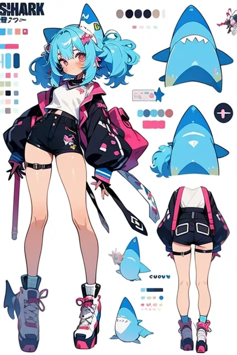  Japanese Cartoon Movie ,  reference sheet , girl,  Japanese Cartoon Movie  styled,  character design, 2D, shark, girl,  bright skin ,  blue hair looking from the side,  cute ,  Japanese Cartoon Movie  2007, window, Hi-tech outfit , shark지느러미 모양 머리카락, shar...