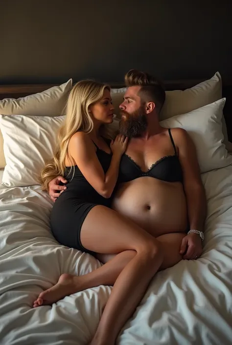 fat bearded man fucking blonde BBW woman, making love, lying on side, white bed, perfect body, exposed areola, blonde hair, thick thighs, tight black nightgown, exposed belly, exposed navel, (big bubble butt : 1.3), night, dimly lit, hinata, cleavage, perf...