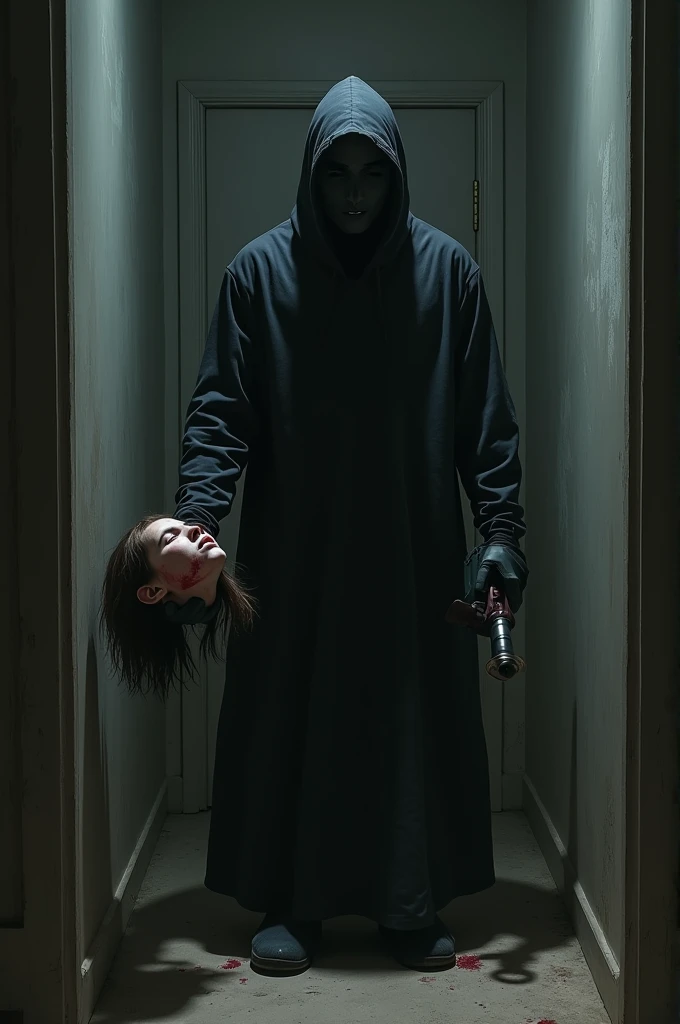 A man wearing a black mask.  In his right hand is the severed head of a girl. In his left hand is a drill machine. Inside the dark room the man is standing with the severed head in his hand.