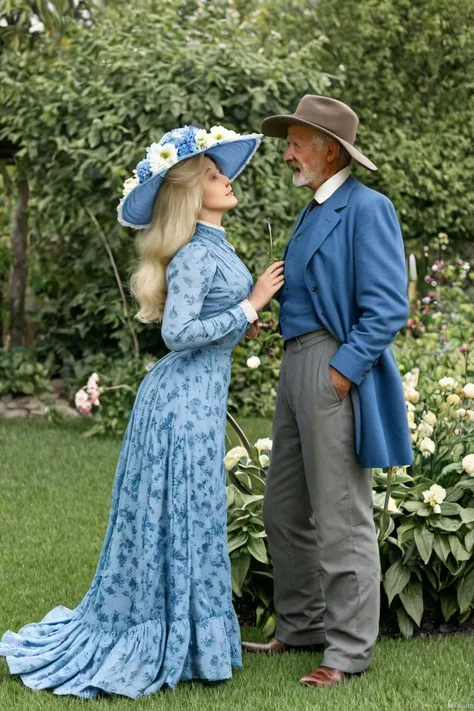 An alluring 15yo blonde in a blue 1890_dr3ss and a large wide-brimmed hat with flowers. In a garden. Seducing a horny 69yo gentleman. Year 1899