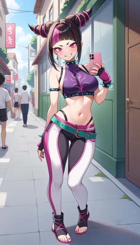 Juri Han walking holding her pink cellphone in the streets at midnight. Juri wears a tiny, sleeveless, cropped top in white with pink trim and a green zipper on the back. Black body tapes are threaded under the top, creating a spider pattern that extends d...