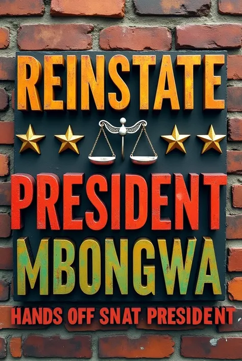 Design 3D words different colors, with the words "REINSTATE PRESIDENT MBONGWA" (Capital letters) bricks background, justice symbols, "Hands Off SNAT President" in small letters only these 4 words (Capital letters for first letters) 