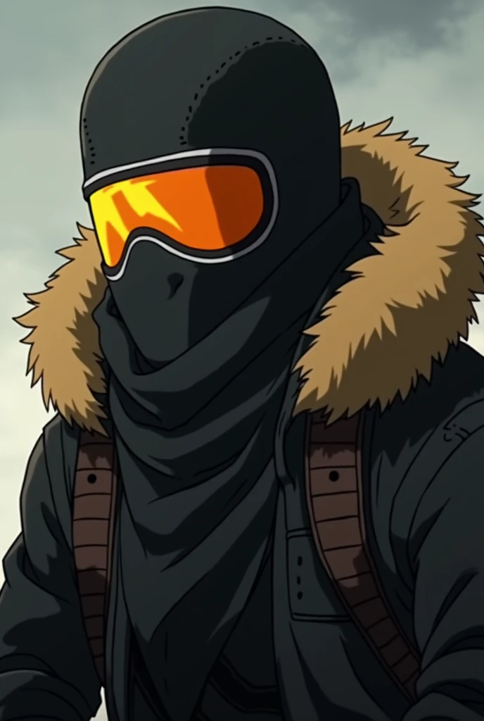 Attack on Titan screencap of male wears all-black tactical. His attire includes a padded jacket, gloves, and a balaclava mask that covers his entire face. He has a fur trim hood in a golden hue, which contrasts against the darker tones of his outfit. His g...