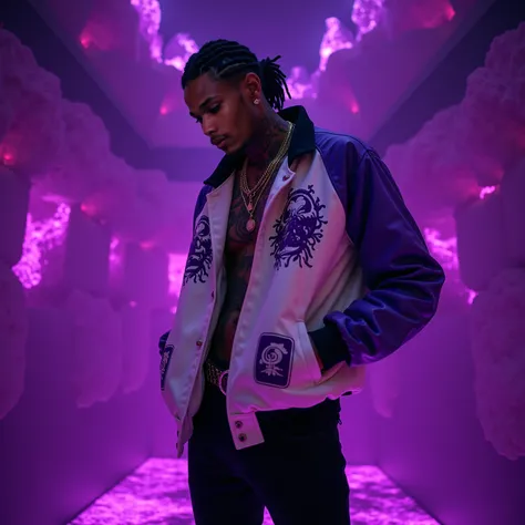 A candid close shot with purple hue shot with a Leica M10 of a very tall, very slender, and very fit 67" african american male with black cornrow braids and rapper inspired tattoos are covering his body. standing in a purple amethyst gem cave with purple l...