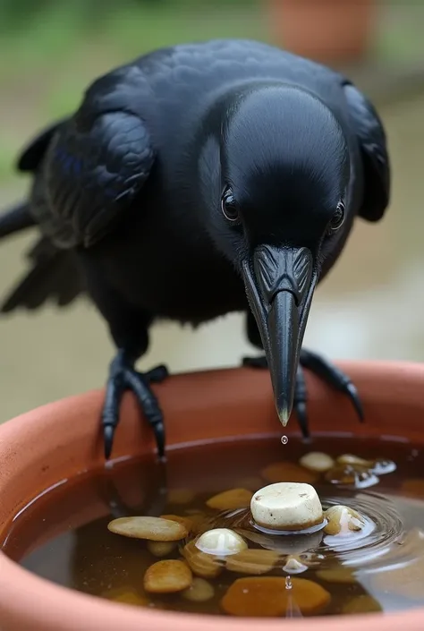 The crow uses its beak to pick up small stones and drop them into the clay pot. Water inside the pot is slowly rising as the crow works persistently. The scene is detailed with a close-up of the crows focused expression