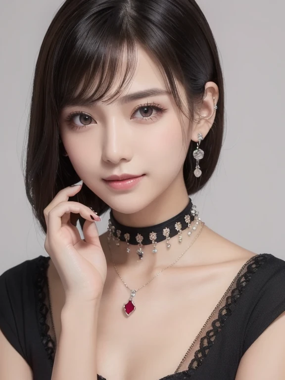 Pilyeon, Alone,  One girl , Black nails, gem,  Shorthair,  viewers,  choker ,  necklace,  hand leaning to the side to your face,  piercing above spo, White background, heart,   closed mouse,  gray eyes,  nail polish,  simple background ,  gray hair, ear  p...