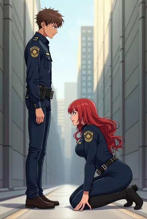 Hombre alto y delgado,en pie, satisfied, joven, cabello castaño corto , looking down at a redhead on all fours  on the floor  crawling to him big boobs fitness policewoman  anime , enamorada,mirándolo espalda erguida crawling  to him 



