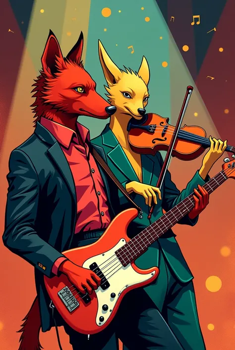 Anime: Jazz/Dance-pop music poster with stoic and idealistic vibes, featuring a red wolf playing bass guitar, and a yellow crow playing violin 