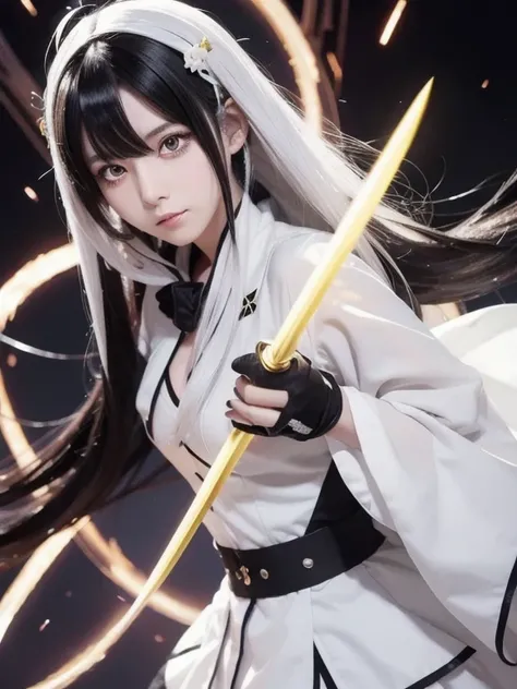 Black-haired anime girl with white hair and wearing white clothes,  yellow eyes, With sword, Shocking Genshin style