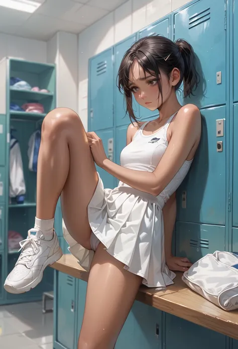  short boyish ,  black hair, short ponytail, parted bangs,  tan,white leotard, short white ruffle skirt, locker room, sad,  one leg raised 