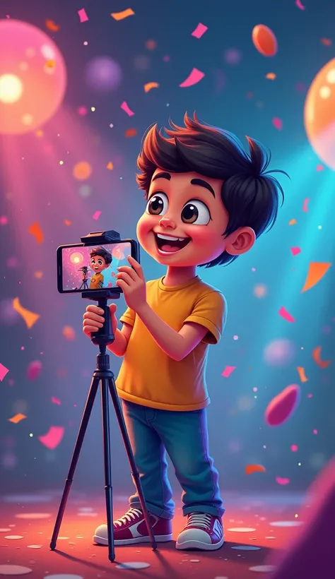 Create an artistic digital illustration showing a vibrant and lively indian cute baby recording a fun and creative short video (like a reel) in a colorful and energetic setting. The scene features a dynamic background with a mix of playful elements like co...