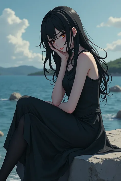 аниме girl with black hair and a black dress sitting on a rock, 2б, 2 б, готика - киберпанк, Темная богиня с шестью руками, demon аниме girl, epic аниме style, gothic maiden аниме girl, гипер - готический, аниме cyberpunk art, cyberpunk аниме girl mech, be...