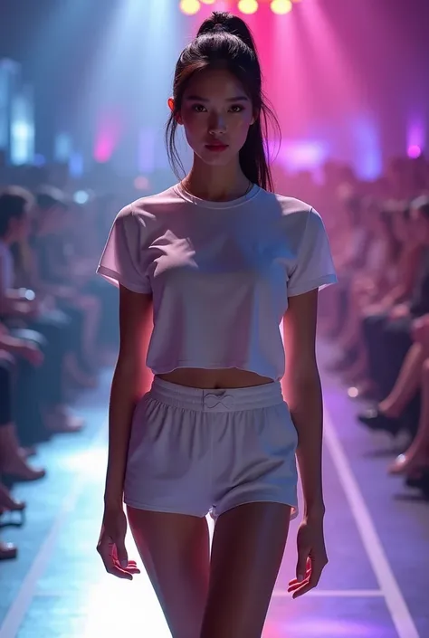 （Highly detailed body，Highly detailed face，the best quality：1.2）, The young korean woman is wearing tight collar t-shirt and a tennis mini skirt. She has Ponytail hairstyle and is looking straight at the audience. She is walking the runway at a fashion sho...