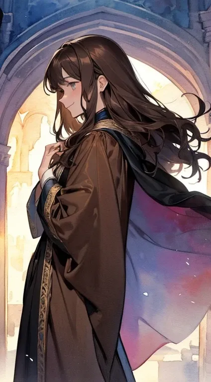 ((Watercolor by singer Sargent)) Bela, 21 years old,   Dark Brown Hair 、 long wavy hair 、(eyes up)、( looking at the spectator )、 happy, smiling woman, (Wear a loose cloak)、cloak: Flowing goddess fantasy robe、