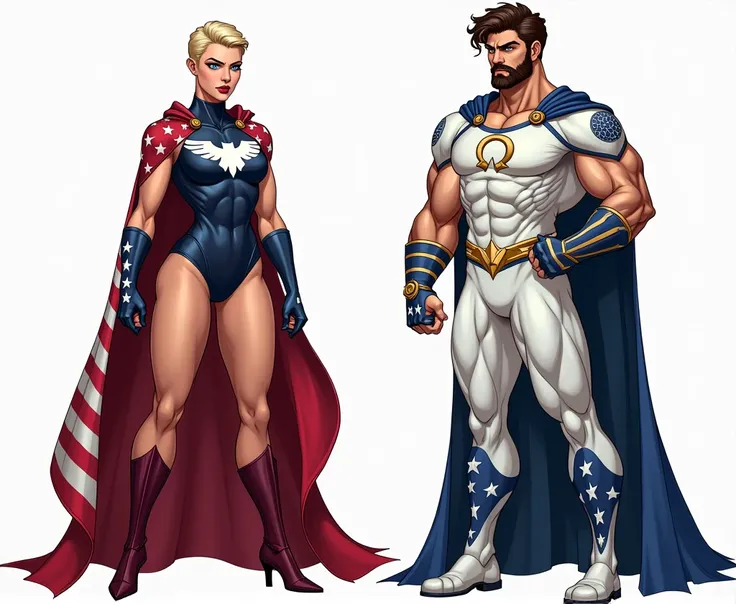 2 superheroes, 1 Evil superhero woman, muscular, muscular body, toned arms, thick muscular legs, big hips, slicked back short blonde hair, pale blue eyes, moody angry face, wears dark blue superhero leotard with red and white patterns and stars, white eagl...