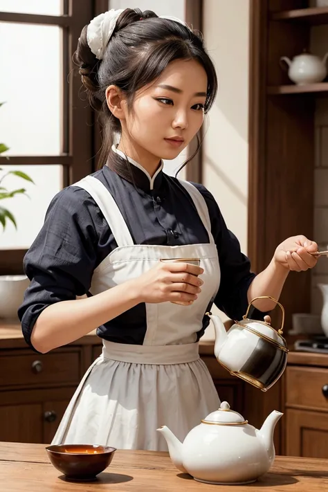 an asian woman bending wearing a Victorian maid dress holding big tea pot in her hands. her hair is in a neat and big bun. pouring tea from tea pot into a cup on a table. bending over while standing up to pour tea into a cup on a table. standing in the kit...