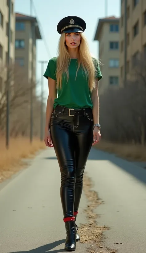  blonde womens long straight hair beautiful and colorful body ,  dressed in a green t-shirt , a captains black leather military hat ,  a black vinyl leggings and black high heels with red details,  on an abandoned street in Pripyat on a sunny day 