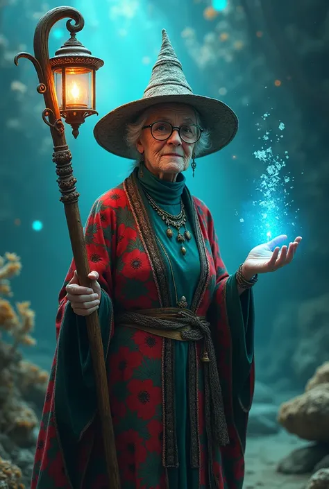 (photorealism:1.2), ((best quality)), ((masterpiece)), (detailed),Generate a hyper-realistic 32k resolution AI artwork of an old women who possesses the extraordinary power to control and manipulate water. The old women should  using a large wooden staff. ...