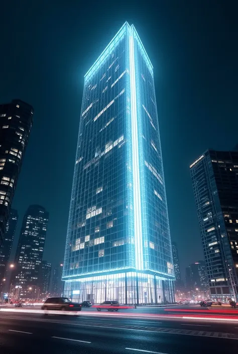 Dark night.  A huge all-glass building with white light inside . The building faces an avenue and cars pass by, producing white and blue light as well. 