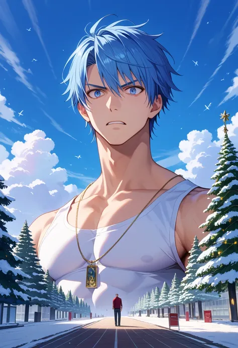 score_9,score_8_up,score_7_up,rating_safety,source_manga,masterpiece,best quality,hyper detailed,super fine illustration,8k,cinematic angle,front angle,BREAK 1boy,29yo,blue hair,(sharp eyes,tsurime),Haori,standing,BREAK Xmas tree,tower,detailed background,...