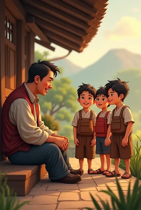 The Farmers Pride
- A heartwarming scene of the farmer (Wei) looking at his sons with pride.
- Wei is sitting on the porch, with a warm smile on his face.
- The three sons are standing together, looking happy and content.