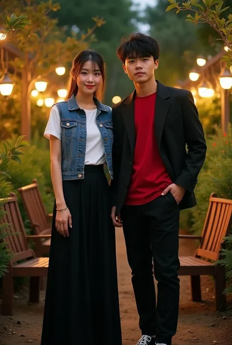 beautiful mother Korean woman, a mother, long hair tied slightly, wearing a short-sleeved white shirt, jeans jacket, long black skirt, and a handsome Korean man wearing a red shirt, black jacket and black trousers, standing, photo OOTD style, garden backgr...