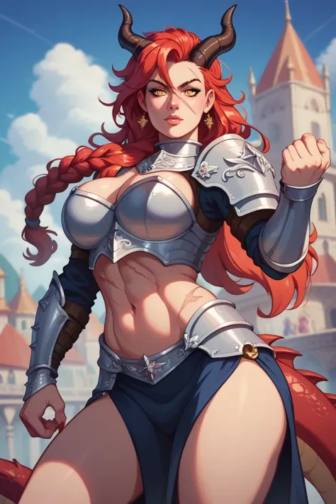 A woman, fantasy world, half dragon, red Long hair half braided, golden eyes, dragon hand and legs instead of finger and fist, red dragon claw, red dragon tail and black horns, curvy body, scar on body and face , innocent gazing eyes, a warrior, knight, sh...