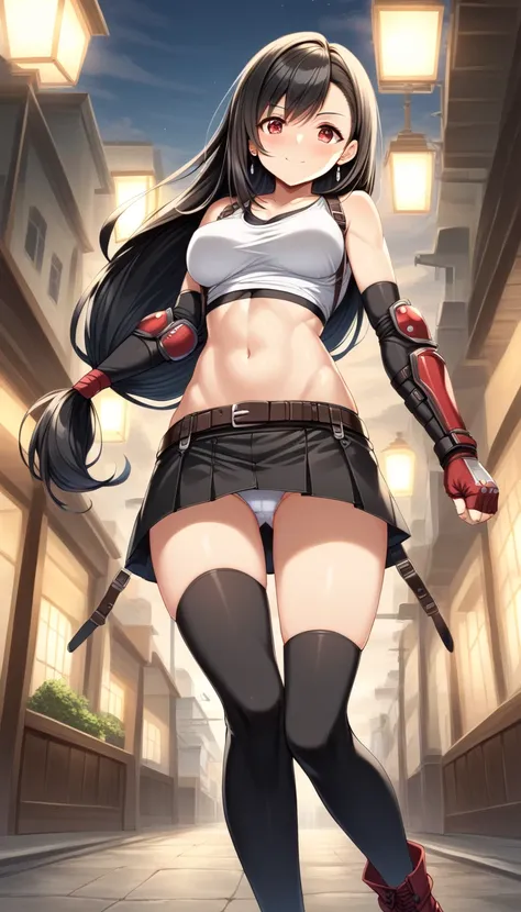 score_9, score_8_up, score_7_up, solo, looking down, from below, groin focus, dynamic pose, one knee raise, fighting viewer, serous, 1girl, tifa lockhart, final fantasy, (beautiful woman), black hair, low-tied long hair, red eyes, bangs, white tank top, be...